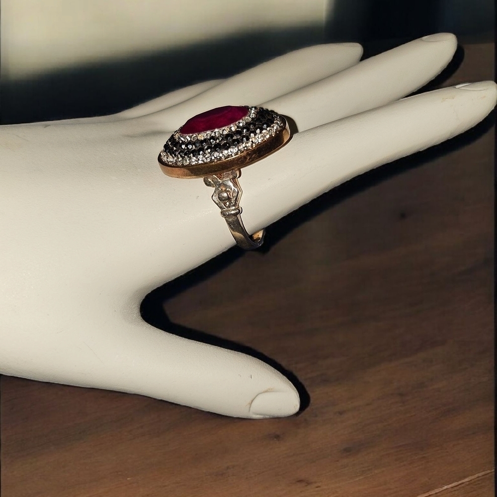 Sterling Silver Statement Ring w/Double Halo & Red Gemstone - Picture 2 of 6